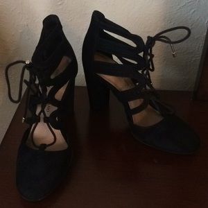 Christian Siriano black lace up suede heels